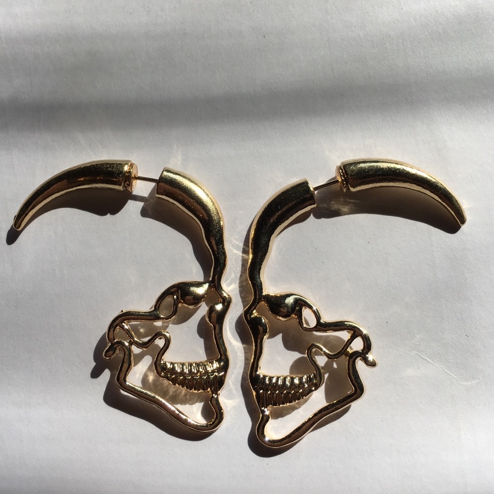 Gold Silouhette Skull Earrings - Picture 6 of 9